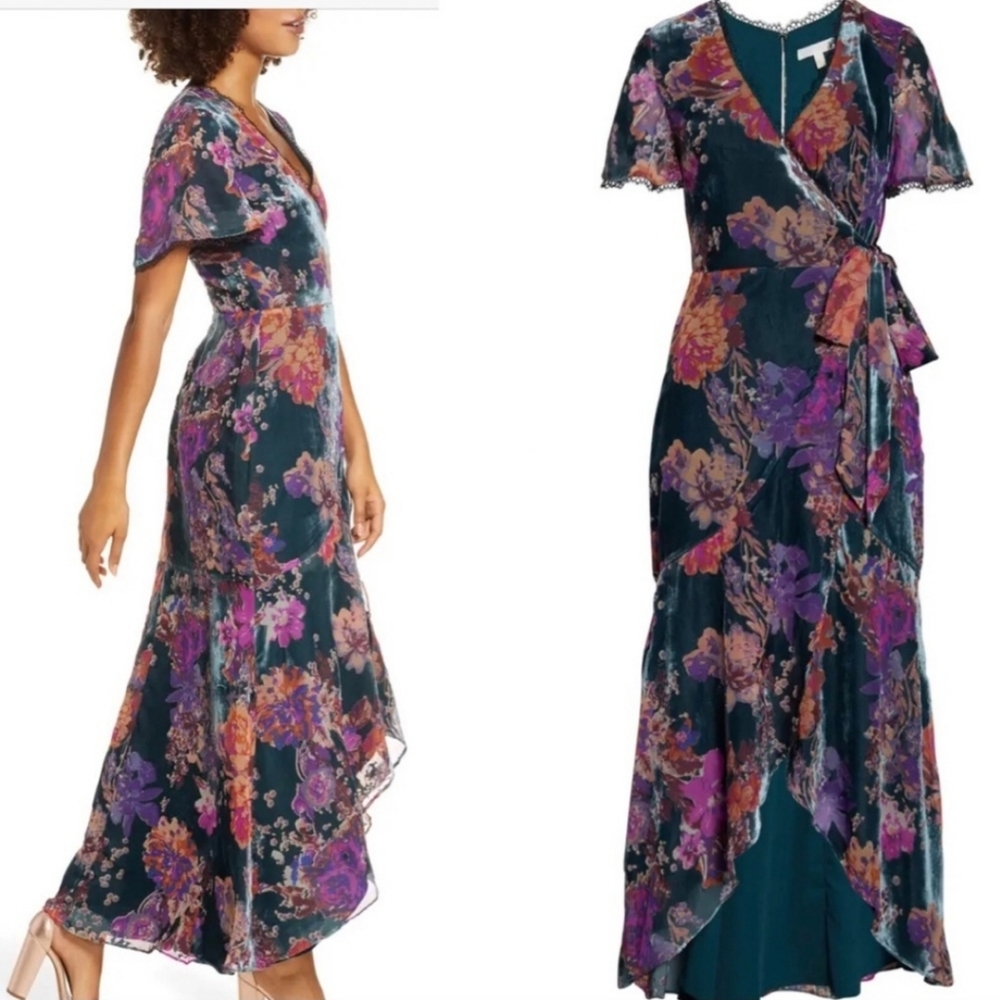 HARLYN Burnout Velvet Wrap Maxi Dress